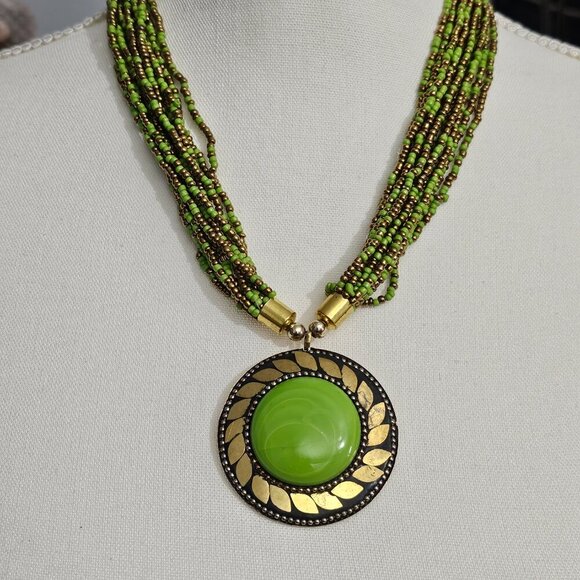 Maya Seed Bead Multi Stand New Green Boho Tibetan Pendant Statement Necklace - Picture 1 of 6